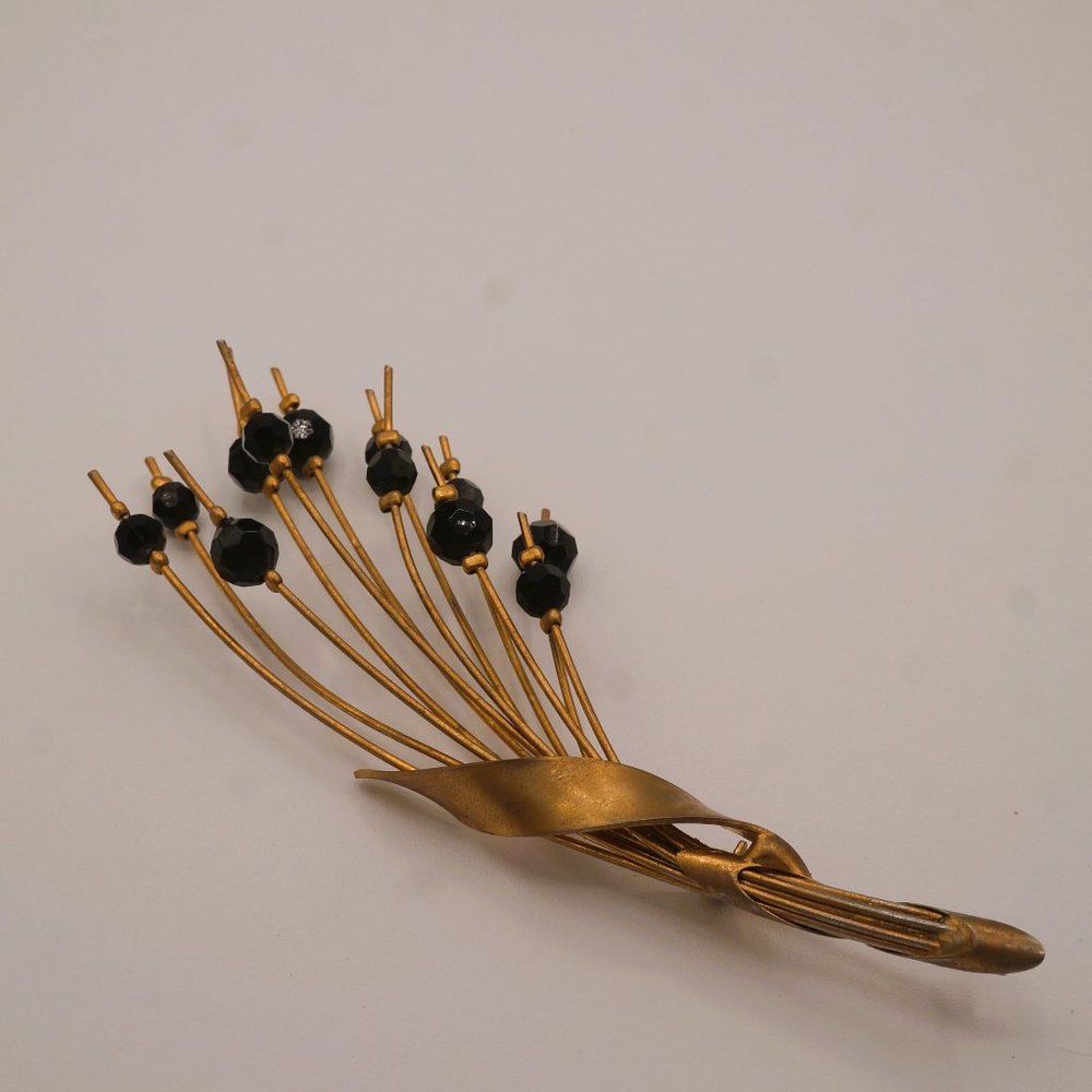 Vintage Large Gold Tone or Brass Glass Floral Spray & Black Rhinestones